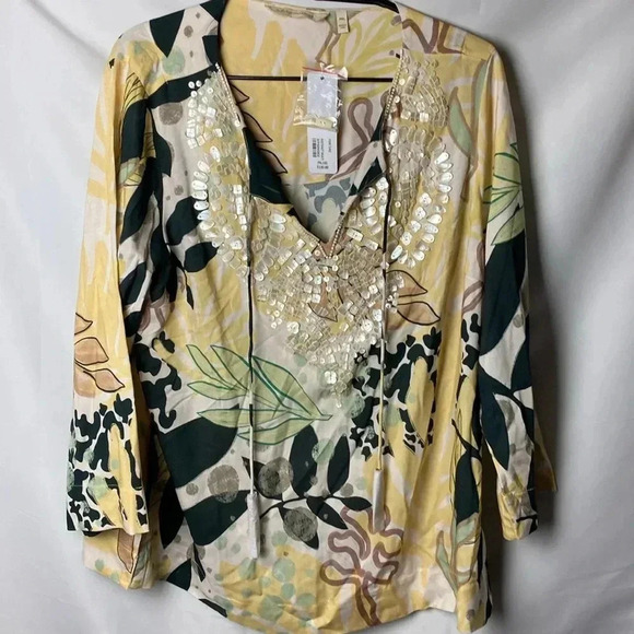NWT SOFT SURROUNDINGS WO SIZ XL PETITE TUNIC TOP YELLOW BLACK SAGE FLORAL DESIGN - Picture 2 of 15